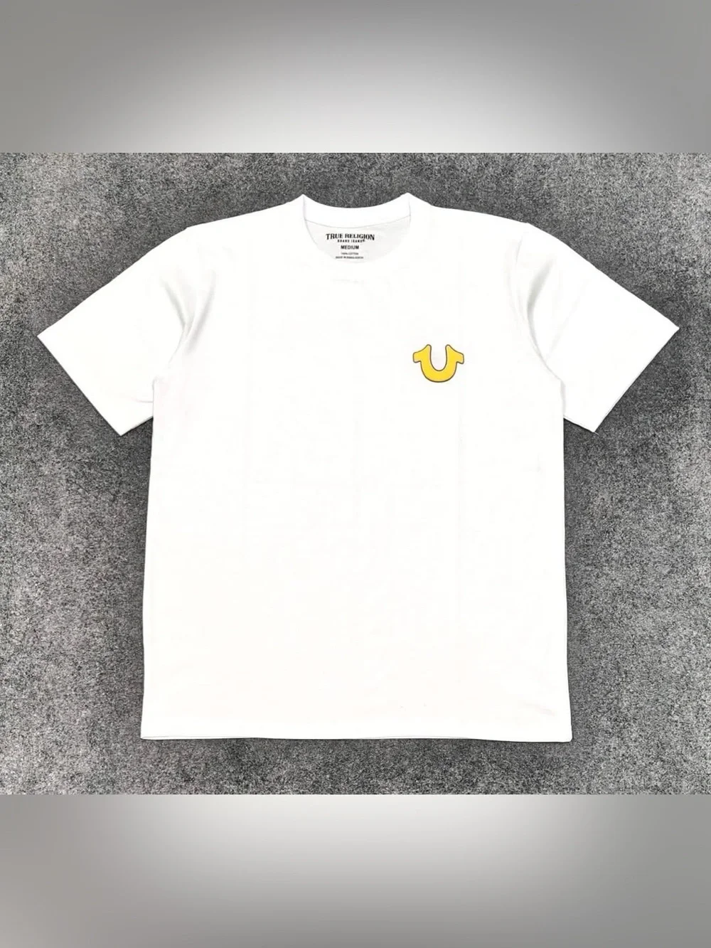 True Religion White Tee with Yellow Logo and Graphic Back